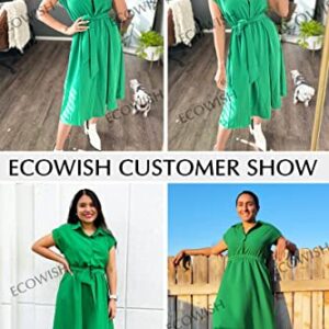 ECOWISH Womens Casual Midi Dresses Solid V Neck Short Sleeve Shirt Dress with Pockets for Spring Summer 2023 Green L