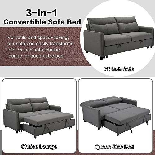 THSUPER 75-Inch Queen Size Convertible Sleeper Sofa Bed, Comfortable Pull-Out Futon Loveseat, Full Love Seat for RV Small Spaces, Hide-A-Bed Fold Out Couch - Grey