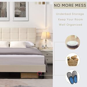 MWrouqfur Full Size Platform Bed Frame with Fabric Upholstered Headboard and Wooden Slats, No Box Spring Needed/Easy Assembly, Beige