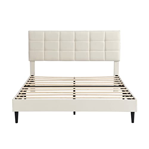 MWrouqfur Full Size Platform Bed Frame with Fabric Upholstered Headboard and Wooden Slats, No Box Spring Needed/Easy Assembly, Beige