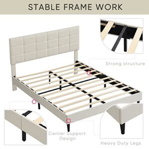 MWrouqfur Full Size Platform Bed Frame with Fabric Upholstered Headboard and Wooden Slats, No Box Spring Needed/Easy Assembly, Beige