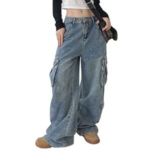 jeans for women y2k low waist wide leg denim jeans loose baggy cargo jeans vintage e-girl streetwear (blue2, m)