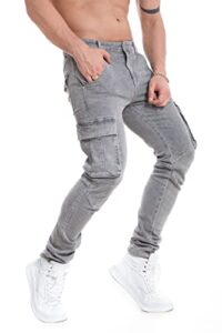 tegias mens grey slim fit stretch jeans classic denim work pants with pockets casual trousers 34