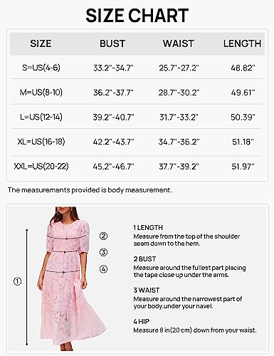 MEROKEETY Summer Dress for Women Elegant Smocked Short Puff Sleeve Floral Solid Midi Maxi Dresses,Pink,S