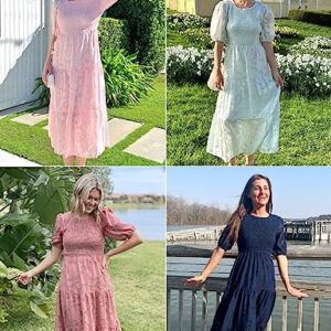 MEROKEETY Summer Dress for Women Elegant Smocked Short Puff Sleeve Floral Solid Midi Maxi Dresses,Pink,S