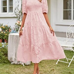 MEROKEETY Summer Dress for Women Elegant Smocked Short Puff Sleeve Floral Solid Midi Maxi Dresses,Pink,S