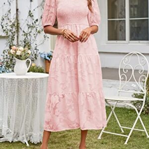 MEROKEETY Summer Dress for Women Elegant Smocked Short Puff Sleeve Floral Solid Midi Maxi Dresses,Pink,S