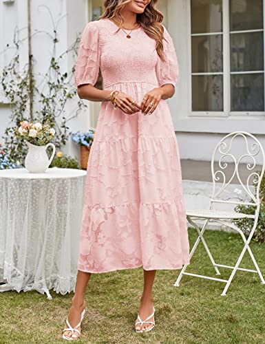 MEROKEETY Summer Dress for Women Elegant Smocked Short Puff Sleeve Floral Solid Midi Maxi Dresses,Pink,S