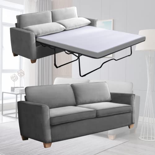 Mjkone 2-in-1 Pull Out Velvet Sofa Bed with Folding Mattress, Full Size Couch Bed Suitable for Living Room, Sofa Sleeper for Apartment/Small Spaces ( Grey)