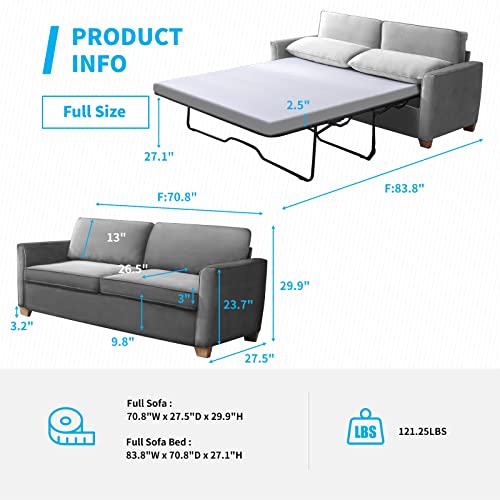 Mjkone 2-in-1 Pull Out Velvet Sofa Bed with Folding Mattress, Full Size Couch Bed Suitable for Living Room, Sofa Sleeper for Apartment/Small Spaces ( Grey)