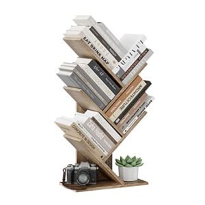 zrwd tree bookshelf, 4-tier book storage organizer shelves floor standing bookcase, wood storage rack for office home school shelf display for cd/magazine（french oak grey）