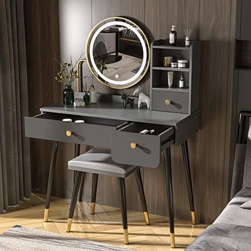 Vanity Desk,Make Vanity Set with Touch Screen Dimming Mirror, 3 Color Lighting Modes, Dressing Table with 3 Sliding Drawers, Modern Bedroom Makeup Table and Cushioned Stool Set for Women Girls