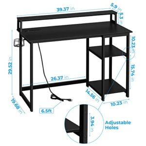 GreenForest Computer Desk with USB Charging Port and Power Outlet, Reversible Small Desk with Monitor Stand and Storage Shelves for Home Office, 40 in Work Desk with Cup Holder Hook, Black