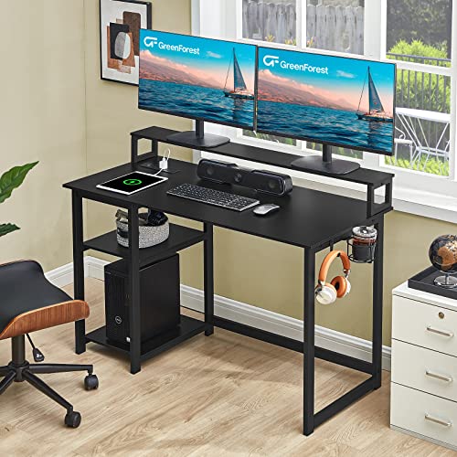 GreenForest Computer Desk with USB Charging Port and Power Outlet, Reversible Small Desk with Monitor Stand and Storage Shelves for Home Office, 40 in Work Desk with Cup Holder Hook, Black