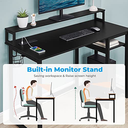 GreenForest Computer Desk with USB Charging Port and Power Outlet, Reversible Small Desk with Monitor Stand and Storage Shelves for Home Office, 40 in Work Desk with Cup Holder Hook, Black