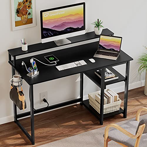 GreenForest Computer Desk with USB Charging Port and Power Outlet, Reversible Small Desk with Monitor Stand and Storage Shelves for Home Office, 40 in Work Desk with Cup Holder Hook, Black