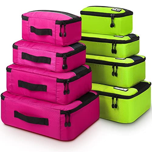 Travel Organizer,Mossio Set of 8 Slim Small Medium Large Luggage Cubes for Backpack (8 Set - Rose/Green)