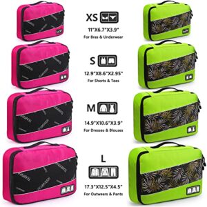 Travel Organizer,Mossio Set of 8 Slim Small Medium Large Luggage Cubes for Backpack (8 Set - Rose/Green)