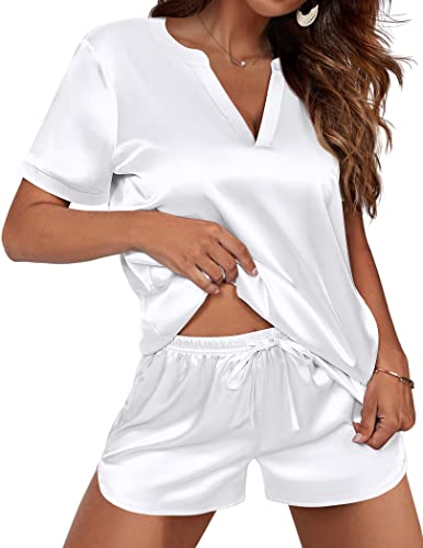 Ekouaer Pajamas Set Womens Satin Silk Loungwaer Set Short Sleeve Pj Shirts and Elastic Waistband Shorts Sleepwear White