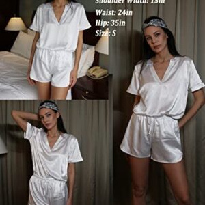 Ekouaer Pajamas Set Womens Satin Silk Loungwaer Set Short Sleeve Pj Shirts and Elastic Waistband Shorts Sleepwear White