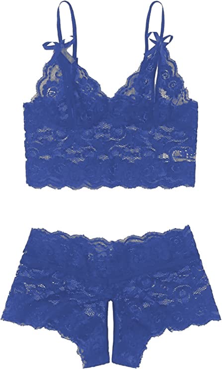 SweatyRocks Women's 2 Piece Lingerie Set Sheer Lace Cut Out Bra and Panty Teddy Lingerie Royal Blue L