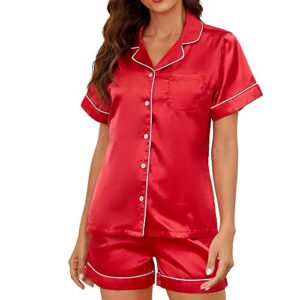 u2skiin silk pajamas for women shorts set, short sleeve women satin pajamas sleepwear button down pjs set two-piece(red, l)