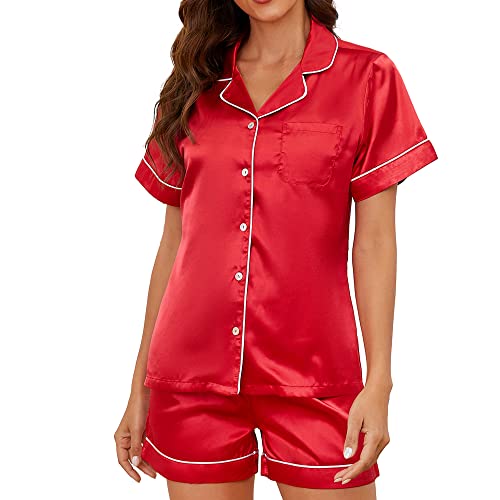 U2SKIIN Silk Pajamas for Women Shorts Set, Short Sleeve Women Satin Pajamas Sleepwear Button Down Pjs Set Two-piece(Red, L)