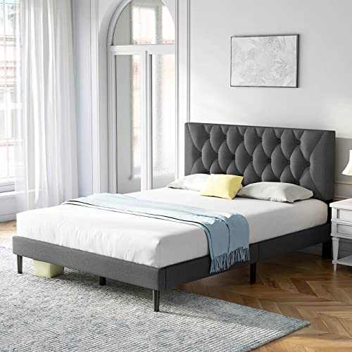 Molblly Twin Size Platform Bed Frame with Adjustable Headboard, Linen Fabric Wrap, Strong Frame and Wooden Slats Support, No Box Spring Needed, Non-Slip and Noise-Free, Easy Assembly, Dark Grey