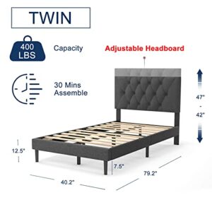 Molblly Twin Size Platform Bed Frame with Adjustable Headboard, Linen Fabric Wrap, Strong Frame and Wooden Slats Support, No Box Spring Needed, Non-Slip and Noise-Free, Easy Assembly, Dark Grey