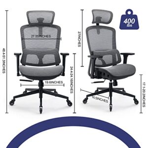 resiova Office Chair Ergonomic Computer Chair,High Back Mesh Chairs,Computer Chair with Lumbar Support and Retractable Armrests,Swivel Mesh Office Chair for Home Office and Study,Grey