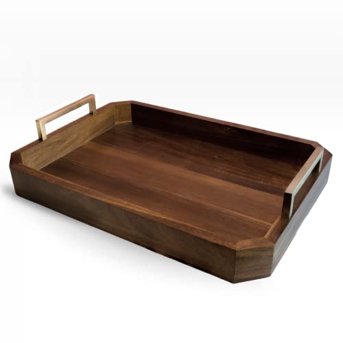 Fine Nest Home Decorative Acacia Wood Ottoman Tray - Coffee Table Tray - Breakfast, Party, Drinks, Snack, Liquor Serving Platter - Farmhouse to Modern - Brass Handles