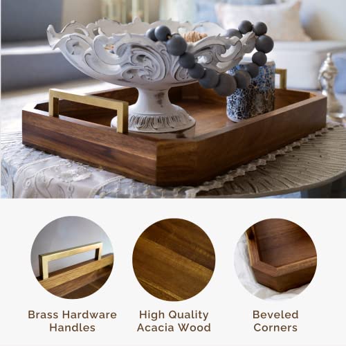 Fine Nest Home Decorative Acacia Wood Ottoman Tray - Coffee Table Tray - Breakfast, Party, Drinks, Snack, Liquor Serving Platter - Farmhouse to Modern - Brass Handles