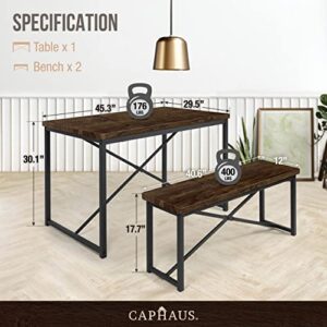 CAPHAUS 3 Pieces Dining Table Set for 4 w/Benches, Rectangular Dining Room Set, Modern Wood Bench Dining Room Table Set, Metal Frame Space-Saving Dining Set, Dining Table w/Two Benches, Brown Oak