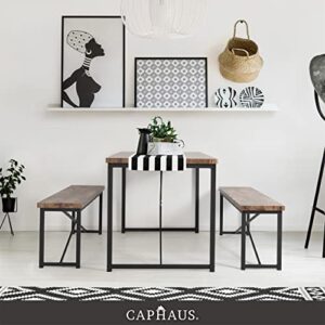 CAPHAUS 3 Pieces Dining Table Set for 4 w/Benches, Rectangular Dining Room Set, Modern Wood Bench Dining Room Table Set, Metal Frame Space-Saving Dining Set, Dining Table w/Two Benches, Brown Oak