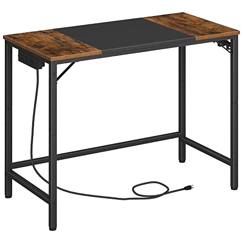 HOOBRO Computer Desk, Home Office Desk with Power Outlet, Modern Study Writing Desk with 4 Hooks for Study Room, Home Office, Sturdy and Stable, Easy to Assemble, Rustic Brown and Black BF40UDN01