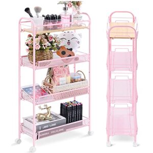 kingrack 4-tier slim rolling cart with wooden tabletop, easy assemble metal utility cart, slide out narrow storage cart for narrow space on bedroom bathroom laundry room apartments dormitory,pink