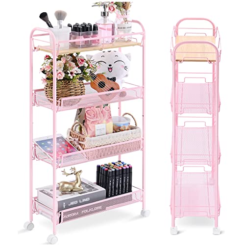 KINGRACK 4-Tier Slim Rolling Cart with Wooden Tabletop, Easy Assemble Metal Utility Cart, Slide Out Narrow Storage Cart for Narrow Space on Bedroom Bathroom Laundry Room Apartments Dormitory,Pink