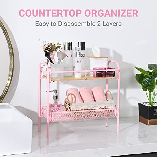 KINGRACK 4-Tier Slim Rolling Cart with Wooden Tabletop, Easy Assemble Metal Utility Cart, Slide Out Narrow Storage Cart for Narrow Space on Bedroom Bathroom Laundry Room Apartments Dormitory,Pink