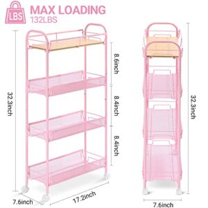 KINGRACK 4-Tier Slim Rolling Cart with Wooden Tabletop, Easy Assemble Metal Utility Cart, Slide Out Narrow Storage Cart for Narrow Space on Bedroom Bathroom Laundry Room Apartments Dormitory,Pink