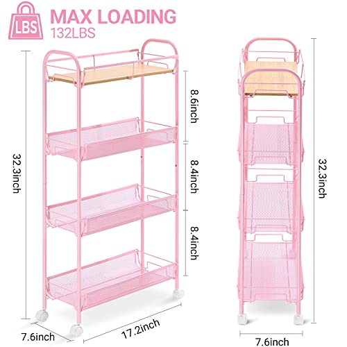 KINGRACK 4-Tier Slim Rolling Cart with Wooden Tabletop, Easy Assemble Metal Utility Cart, Slide Out Narrow Storage Cart for Narrow Space on Bedroom Bathroom Laundry Room Apartments Dormitory,Pink