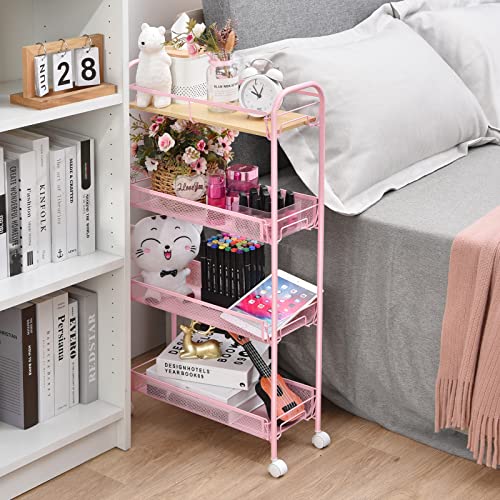 KINGRACK 4-Tier Slim Rolling Cart with Wooden Tabletop, Easy Assemble Metal Utility Cart, Slide Out Narrow Storage Cart for Narrow Space on Bedroom Bathroom Laundry Room Apartments Dormitory,Pink