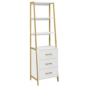 HITHOS 4-Tier Bookshelf, Tall Bookcase with 3 Wooden Drawers, Modern Ladder Book Shlef Storage Organizer for Living Room, Entryway, Office, White Gold