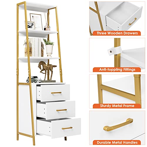 HITHOS 4-Tier Bookshelf, Tall Bookcase with 3 Wooden Drawers, Modern Ladder Book Shlef Storage Organizer for Living Room, Entryway, Office, White Gold