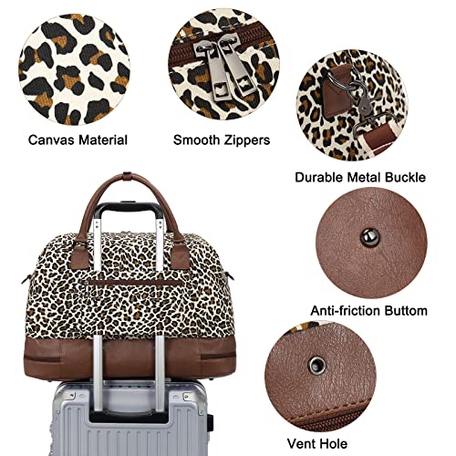 CLUCI Weekender Bags for Women Canvas Duffle Bag Travel Overnight Bags Carry On Tote with Shoe Compartment Leopard Pattern with Brown
