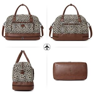 CLUCI Weekender Bags for Women Canvas Duffle Bag Travel Overnight Bags Carry On Tote with Shoe Compartment Leopard Pattern with Brown