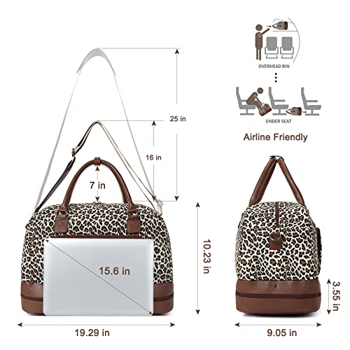 CLUCI Weekender Bags for Women Canvas Duffle Bag Travel Overnight Bags Carry On Tote with Shoe Compartment Leopard Pattern with Brown