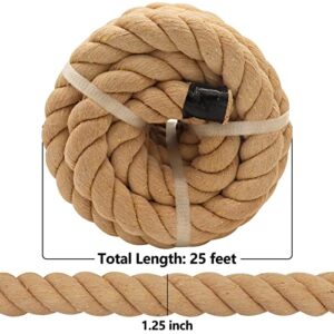 SINYLOO Twisted Brown Cotton Rope 1.25 Inch x 25 Foot - Thick Nautical Rope for Crafts, Swing, Hanging, Decoration, Tug of War