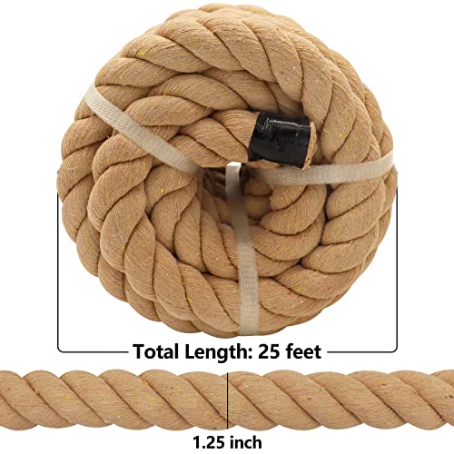 SINYLOO Twisted Brown Cotton Rope 1.25 Inch x 25 Foot - Thick Nautical Rope for Crafts, Swing, Hanging, Decoration, Tug of War