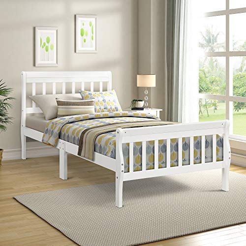 Voohek Twin Size Platform Bed Frame with Headboard, Footboard and Wood Slat Support, Sleigh Beds with Extra Supporting Legs, No Box-Spring Needed, White