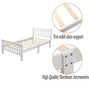 Voohek Twin Size Platform Bed Frame with Headboard, Footboard and Wood Slat Support, Sleigh Beds with Extra Supporting Legs, No Box-Spring Needed, White